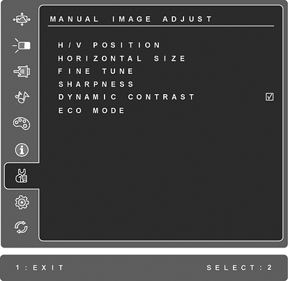 Vezérlés Magyarázat Manual Image Adjust (Kézi képbeállítás) megjeleníti a Kézi Képbeállítás menüt. H./V.