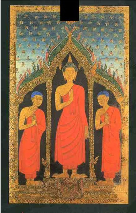 5. Kelet-ázsiai tekercsképek (7 db): e) Szakjamuni Buddha két tanítványával, festmény, Thaiföld, 19.