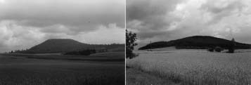 1. kép A Bükkösd kúpja (balra) és a Kerekhegy és Tölgyesd kúpjai (jobbra) (SOÓS I. felvétele) Photo 1 Photo of Bükkösd (left) and Kerekhegy-Tölgyesd (right) scoria cones (Courtesy I.