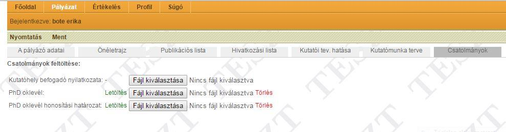 2. a pályázott ösztöndíj időtartamának (1,2,3 év) megfelelő éves bontás külön-külön ablakban, a tervezett kutatómunkának megfelelően.