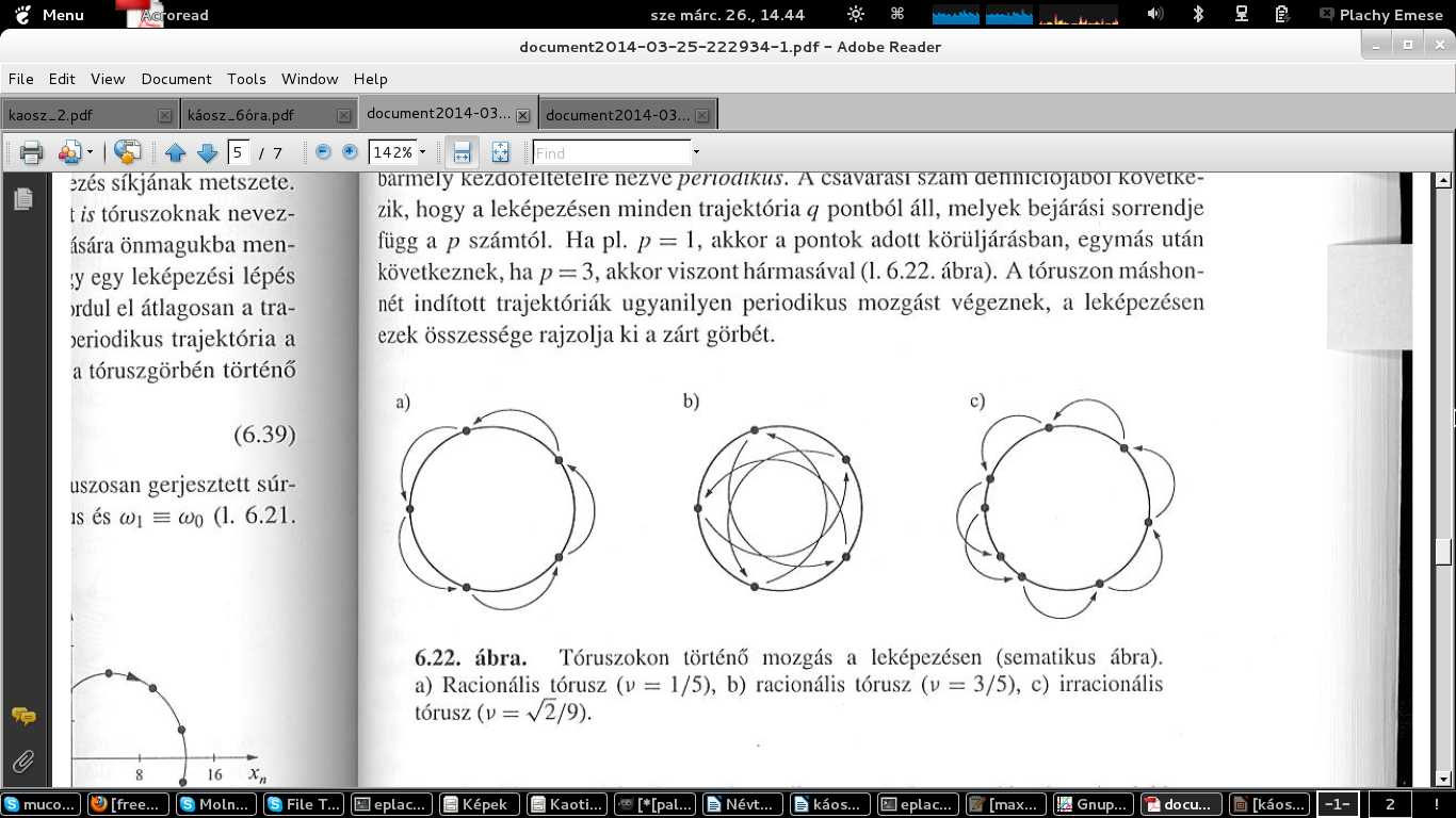 Tóruszok szerepe Csavarási szám: ν=ω1/ω2 ω1 a tórusz felületén való körbefordulás frekvenciája ω2 a