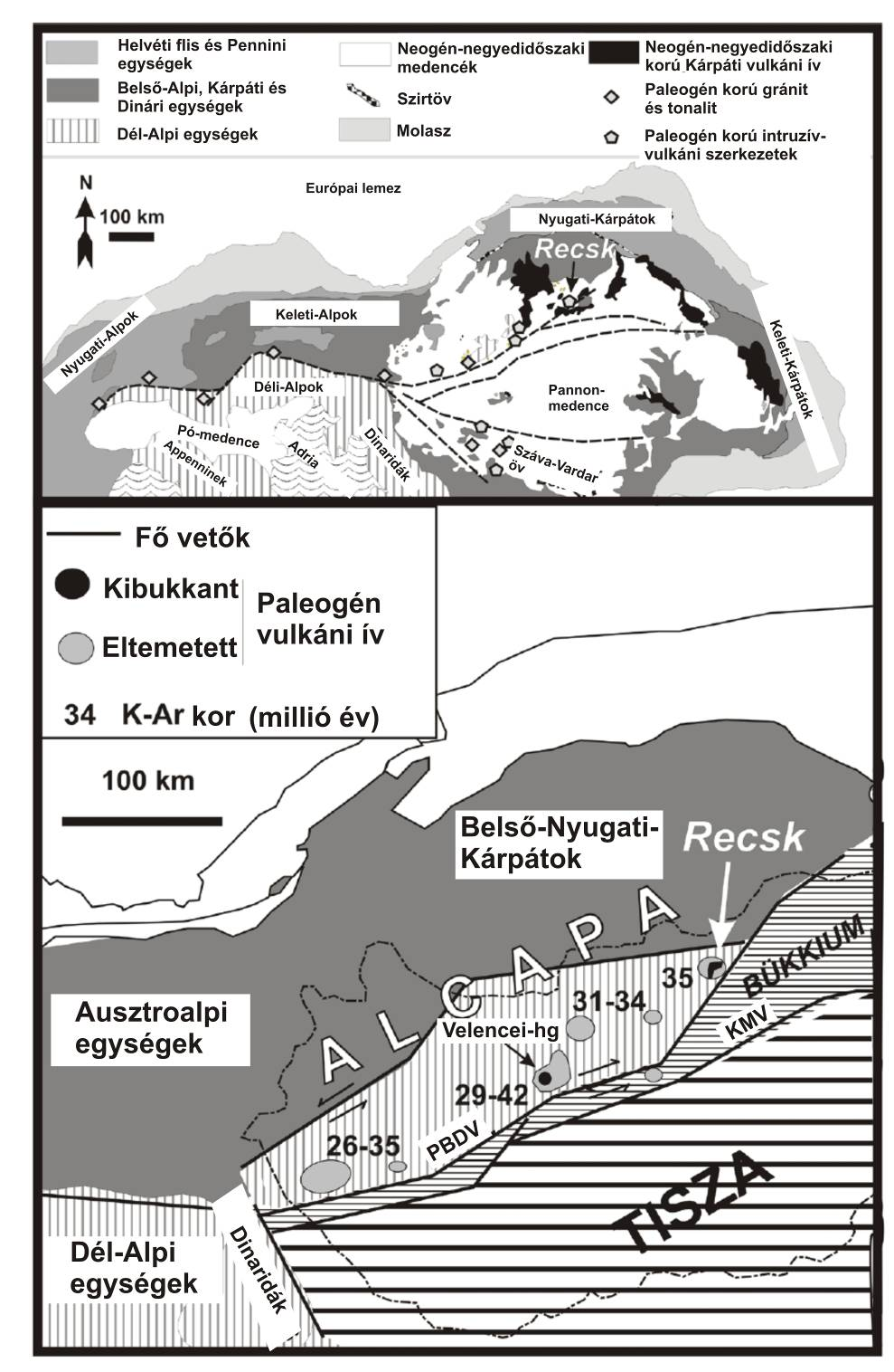 1. ábra: A paleogén korú Recski Magmás Komplexum regionális földtani helyzete (Molnár et al,, 2008 nyomán) A paleogén vulkáni öv nagy része fiatal üledékekkel fedett, felszíni kibukkanása Recsk