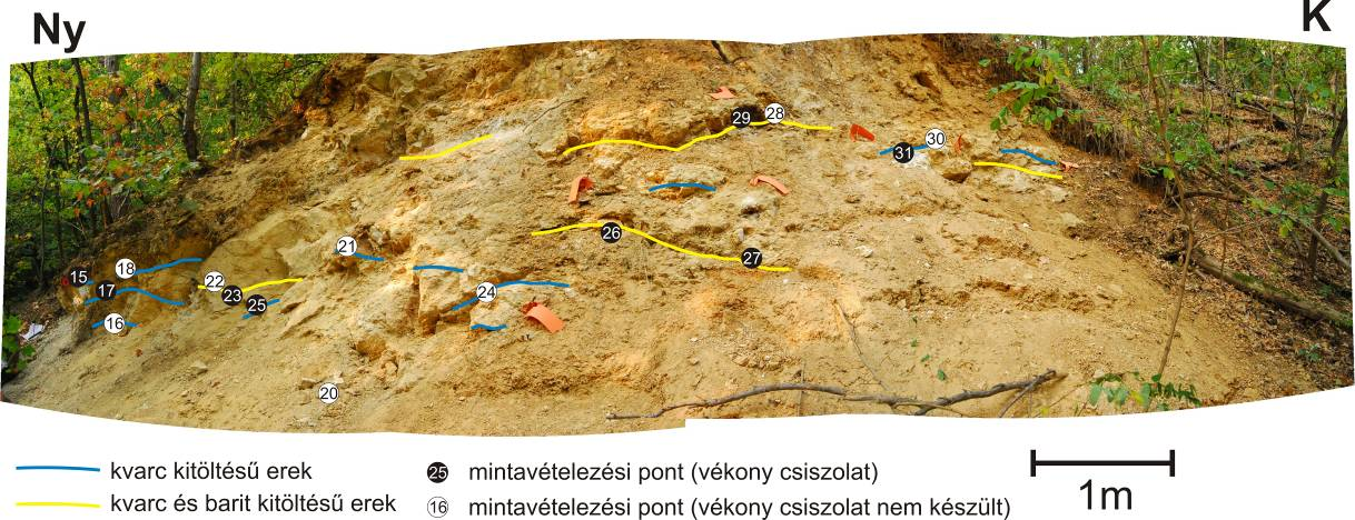 kívül gyűjtöttem mintát a környező terület törmelékeiből (térkép), illetve a kristály úti feltárásból (ábra). Végül feldolgoztam a területen 2011., augusztusában mélyített, F-1/B jelű fúrást is.