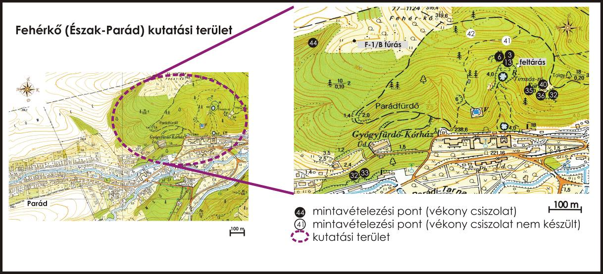 Az Egyezség-táró melletti feltárás szelvényezése mellett bejártam a környező területet és a ritka törmelékből is mintát gyűjtöttem. A mintavételezési pontokat az 9. ábrán jelöltem.