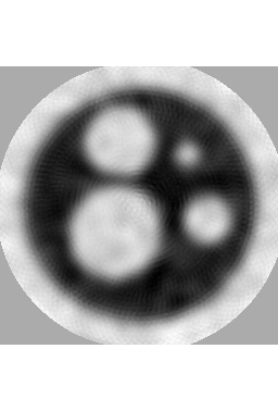 (a) (b) (c) (d) (e) (f) 2.1. ábra. Az I. Teszteset rekonstrukciója 4 vetületből. (a) Kezdőkonfiguráció. A két kisebb körlap véletlenszerűen lett hozzáadva. (b) Rekonstruált konfiguráció.