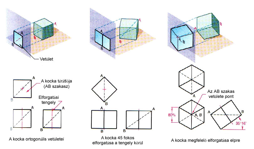 tengely irányában a rövidülés egyforma, és a tengelyek a képen külön-külön 120 -os szög alatt metszik egymást (izometrikus vetítés) (Ábra 34).