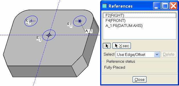 4.20. ábra Az A_1 építıelem nyoma a modellfán, illetve a geometriai modellnél A tengely felvétele után visszakapcsolva a mérethálózat láthatóságát, helyezzük rá a kör középpontját az A_1 tengelyre!