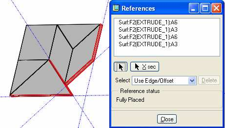 A 6.38. ábrán megfigyelhetjük, hogy az átmásolt él is méretezési referenciaként jelenik meg / Edge:F2[EXTRUDE_1]:A5 /. A méretezési referencia birtokában már könnyen elkészíthetjük a vázlatot.