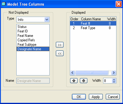 1.53. ábra A kiegészített modellfa A kiegészítést a Settings / Tree Columns paranccsal elıhívott Model Tree Columns ablaknál lehet beállítani.