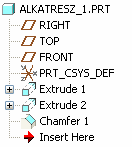 2.43. ábra A geometriai modell építıelemei Az építıelemek közül a koordinátarendszer / DEFAULT_CSYS / és a segédsíkok / RIGHT, TOP, FRONT / a választott sablon által biztosított építıelemek.