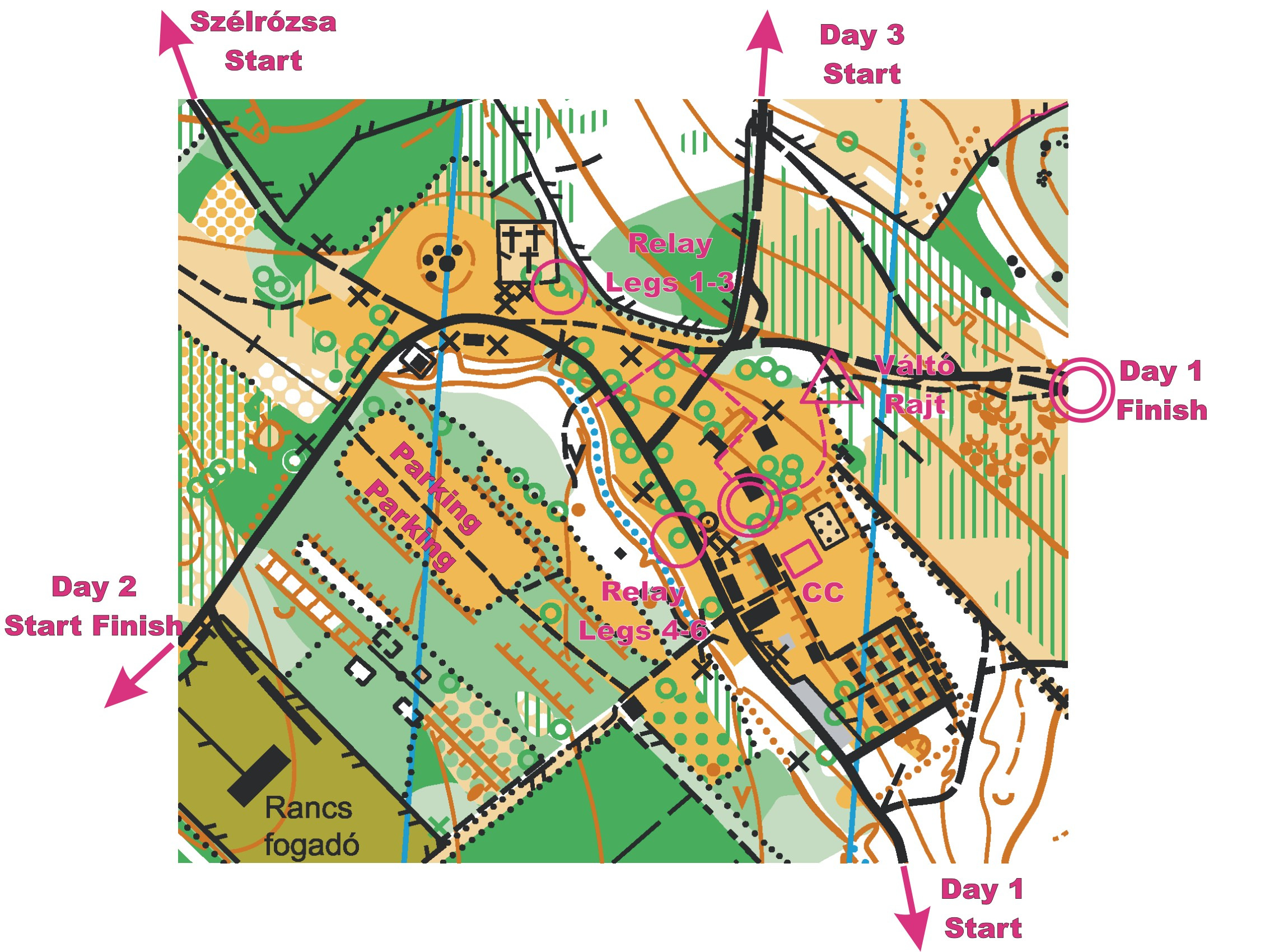 Dislocated Finish: Tipo Cup Day 1: CC Finish: 300 m along blue marking Tipo Cup Day 2: CC Finish: 750m along blue marking. On the way from CC to Start, the two markings depart at 600 meters.