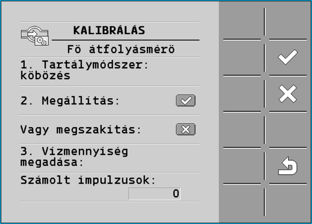 7 A vezérlő számítógép konfigurálása Az átfolyásmérő kalibrálása A következő maszk jelenik meg: 4. - Válassza a tartályürítést. A következő maszk jelenik meg: 5. - A kijuttatás indítása.