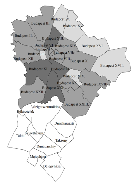 A munkaerő napi mozgása (ingázása) és közlekedése Budapesten, II. rész 229 A pesti oldalon (Csepel-szigeten) levő agglomerációs településeknek hagyományosan az ugyancsak a Csepel-szigeten levő XXI.