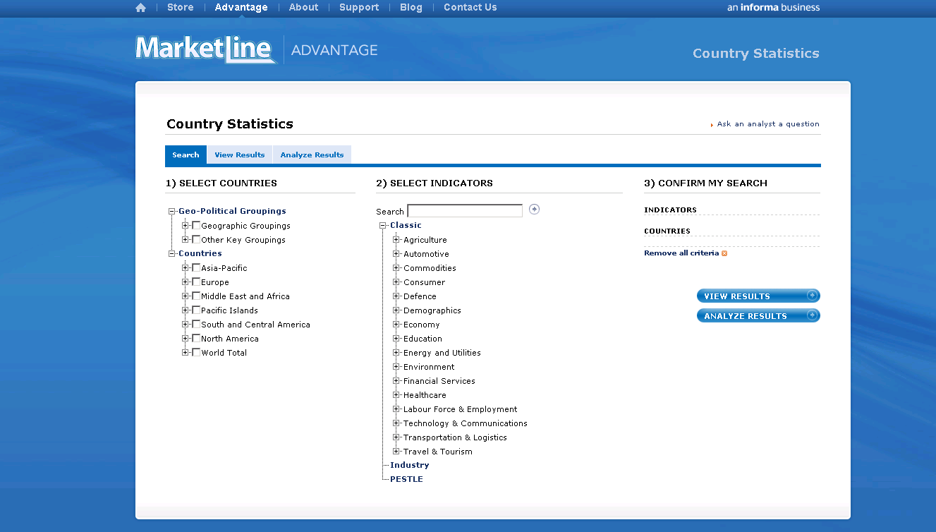 3. sz. ábra Country Statistics adatbázis: A világ országairól lehet egyéni vagy összehasonlító statisztikát készíteni és elemezni különböző indikátorok szerint.