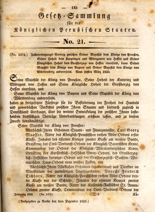 Zollverein A német szövetségi állam kialakulása szempontjából fontos fejlemény, ám egy politikai egységesülés nélküli erősebb gazdasági integráció példája volt az 1834-ben életbe lépő német vámunió