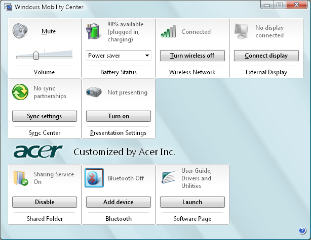14 Windows Mobility Center Empowering Technology A Windows Mobility Center a mobilitással kapcsolatos fontosabb rendszerbeállításokat foglalja össze egyetlen könnyen elérhető helyre, így az Ön Acer