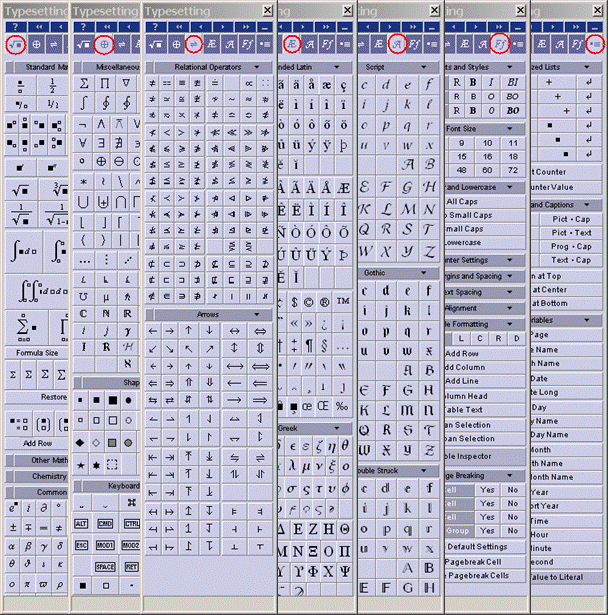 A második, Typesetting címkével ellátott paletta hét al-palettával rendelkezik, amik elősegítik a különböző szimbólumok, matematikai és kémiai jelölések beírását, a szöveg, táblák és listák