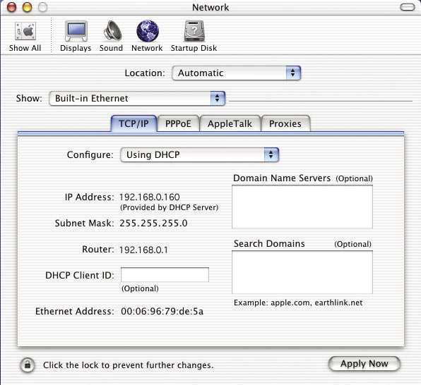 Apple Macintosh OS X alatt: Lépjen be az Apple Menu-be, kattintson a Hálózat ikonra és válassza a Rendszer-tulajdonságok sort Hálózat gombra Válassza a Beépített Ethernet sort a