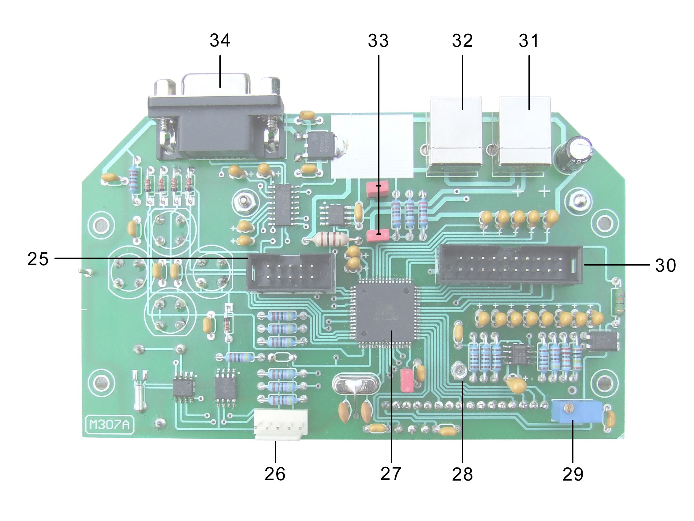 A panel: 1. 2. 3. 4. 5. 6. 7. 8. Csatlakozóhely a mikrokontroller programozásához. Csatlakozóhely I2C külső eszközök számára. ATMEL - M128 mikrokontroller. Program futását jelző fénydióda.