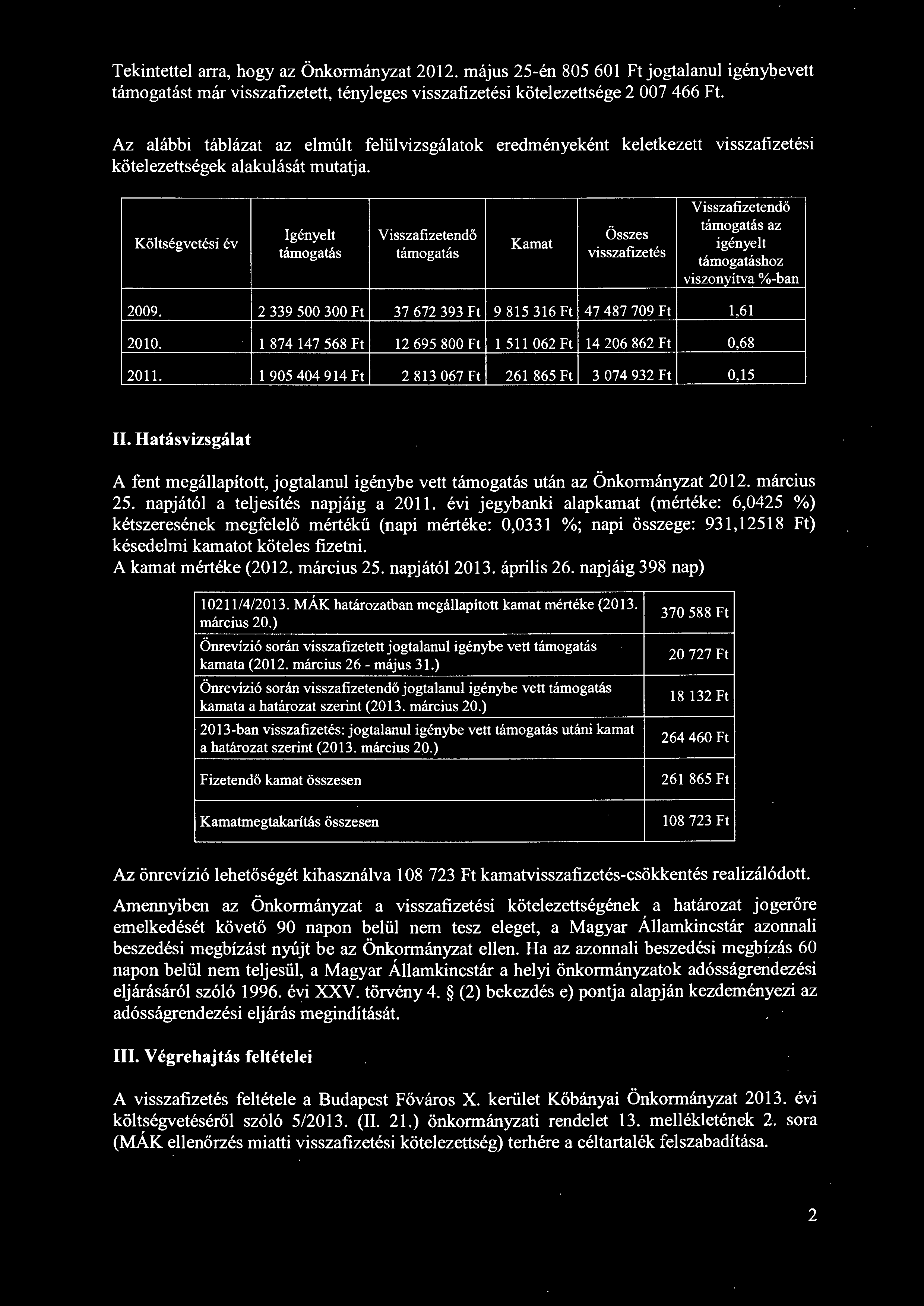 Tekintettel arra, hogy az Önkonnányzat 2012. május 25-én 805 601 Ft jogtalanul igénybevett támogatást már visszafizetett, tényleges visszafizetési kötelezettsége 2 007 466 Ft.