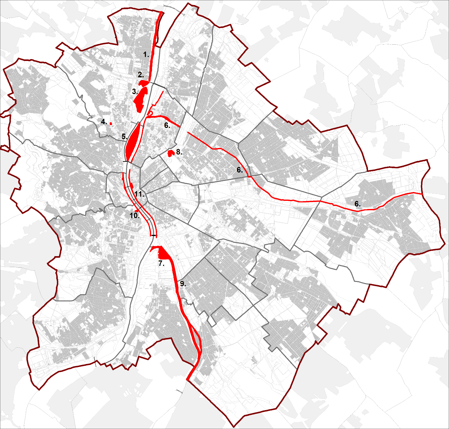 7. ábra: Sokszínű, értékőrző, zöld nagyvárosi környezet (4. tematikus cél) 1. Római part komplex közterületi fejlesztése 2. Gázgyár kulturális negyed 3.