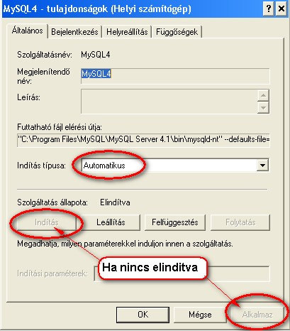 Start -> Beállítások -> Vezérlőpult -> Felügyeleti eszközök -> Szolgáltatások utvonalon a MySQL szolgáltatás el van-e inditva és az az a gép bekapcsolásakor automatikusan inditásra kerül-e mint azt a