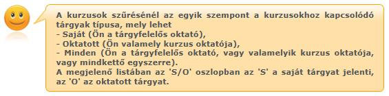 4.2. Kurzusok Ezen a felületen láthatja azokat a kurzusokat, melyeknél oktatóként szerepel, és az összes, hozzájuk kapcsolódó adminisztrációt innen indulva tudja elvégezni. 4.2.1.