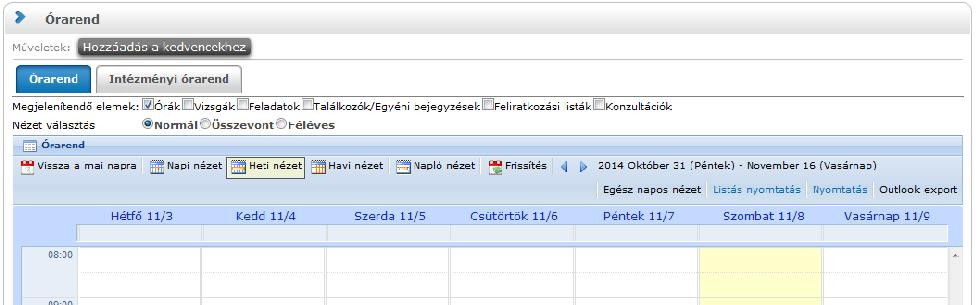 4.5. Órarend Az Órarend felületen lehetősége van megtekinteni összeállított órarendjét az Órarend tabulátort kiválasztva (alapértelmezetten ezen áll a program, az Intézményi órarend fül pedig csak