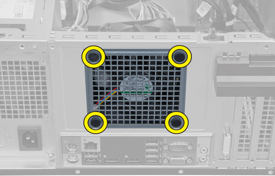 A rendszerventilátor beszerelése 1. Helyezze be a ventilátort a számítógépházba. 2. Vezesse át a négy rögzítőgyűrűt a számítógépházon, majd a vájat mentén oldalra csúsztatva rögzítse őket. 3.