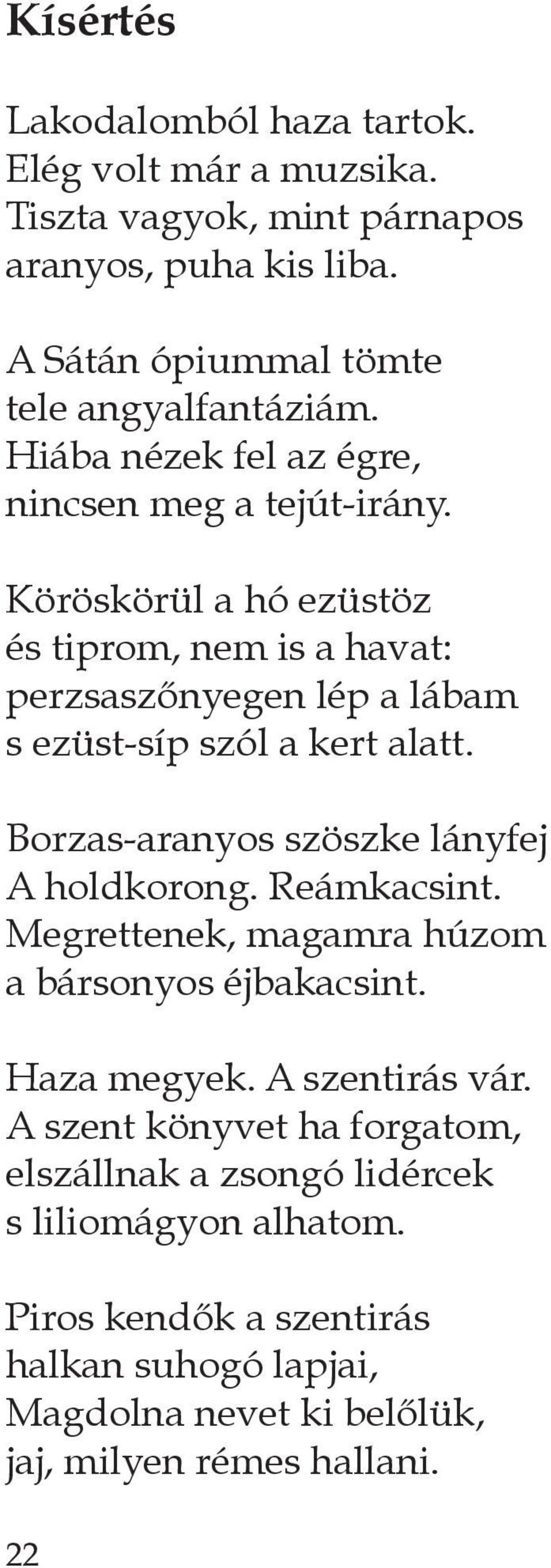 Borzas-aranyos szöszke lányfej a holdkorong. reámkacsint. megrettenek, magamra húzom a bársonyos éjbakacsint. Haza megyek. a szentirás vár.