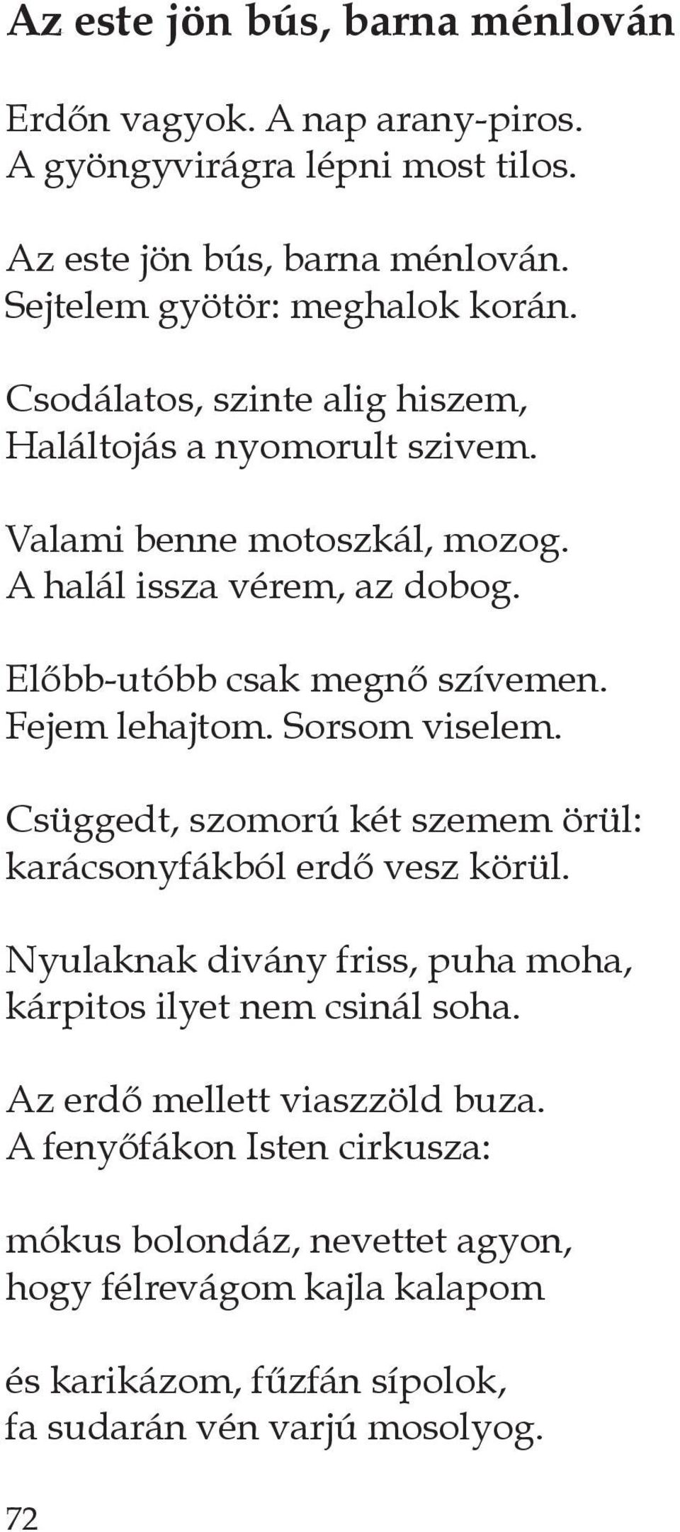 Fejem lehajtom. sorsom viselem. csüggedt, szomorú két szemem örül: karácsonyfákból erdő vesz körül. nyulaknak divány friss, puha moha, kárpitos ilyet nem csinál soha.