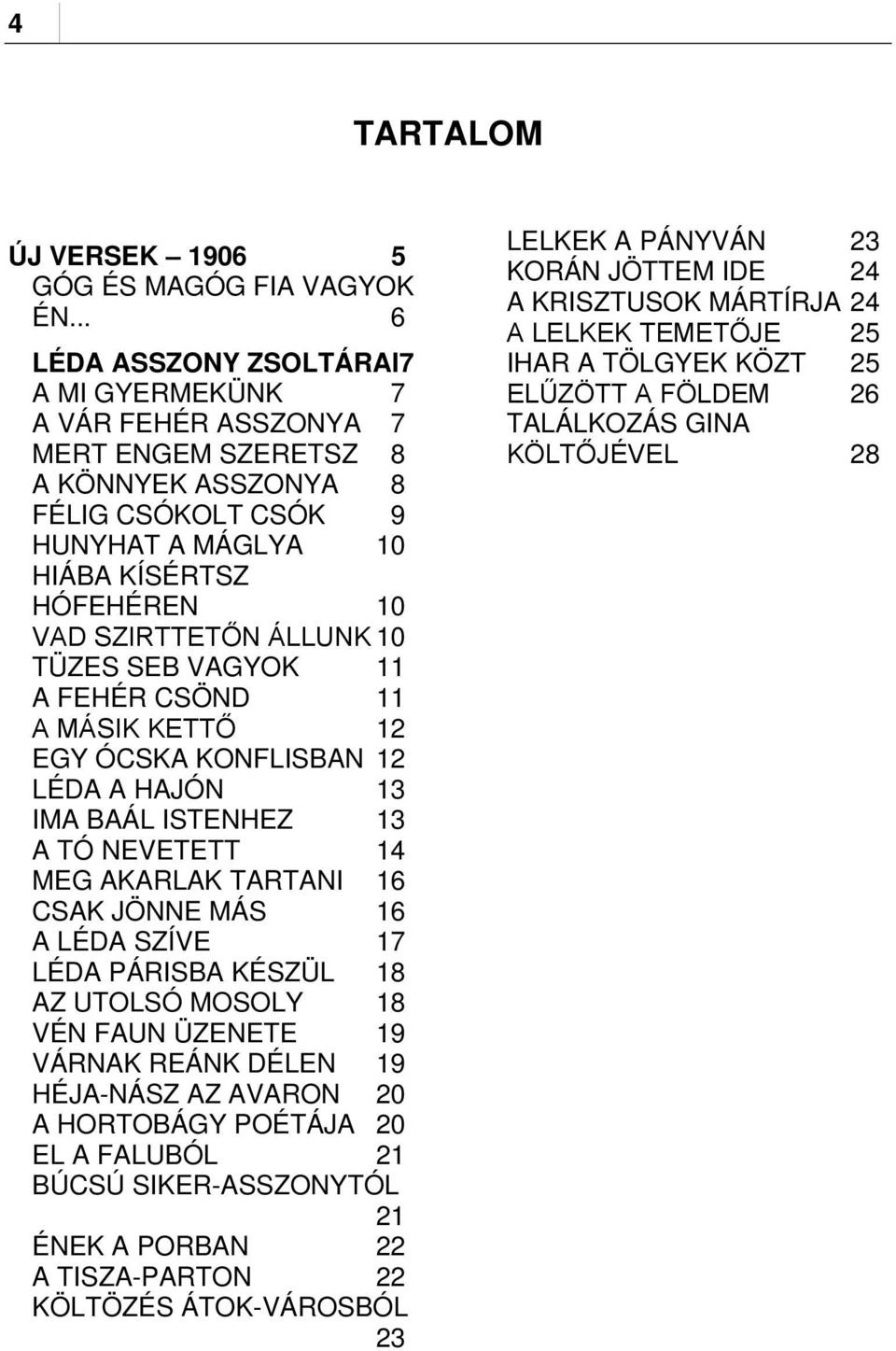 ÁLLUNK 10 TÜZES SEB VAGYOK 11 A FEHÉR CSÖND 11 A MÁSIK KETTŐ 12 EGY ÓCSKA KONFLISBAN 12 LÉDA A HAJÓN 13 IMA BAÁL ISTENHEZ 13 A TÓ NEVETETT 14 MEG AKARLAK TARTANI 16 CSAK JÖNNE MÁS 16 A LÉDA SZÍVE 17