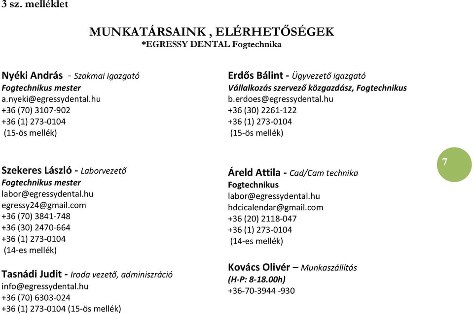 com +36 (70) 3841-748 +36 (30) 2470-664 +36 (1) 273-0104 (14-es mellék) Tasnádi Judit - Iroda vezető, adminiszráció info@egressydental.