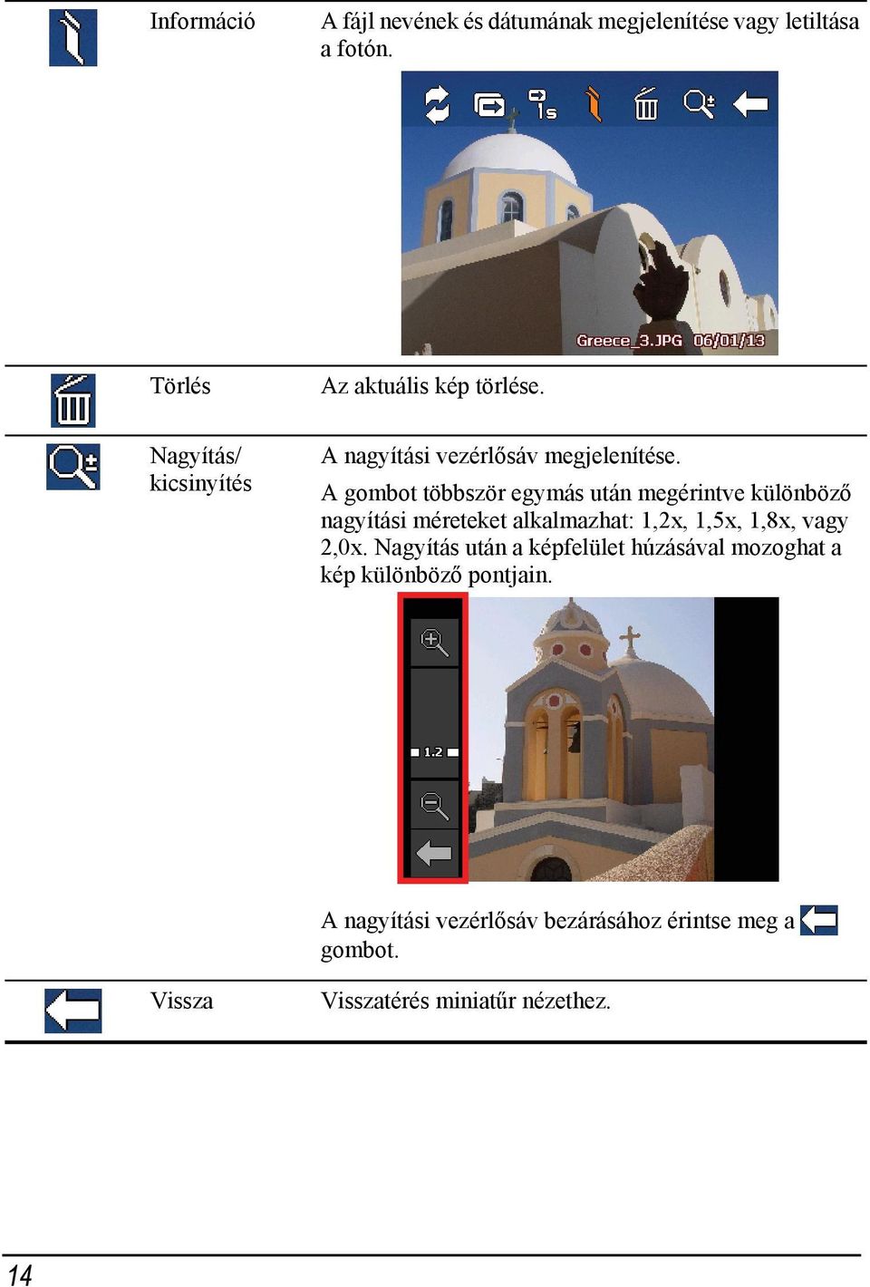 A gombot többször egymás után megérintve különböző nagyítási méreteket alkalmazhat: 1,2x, 1,5x, 1,8x, vagy 2,0x.
