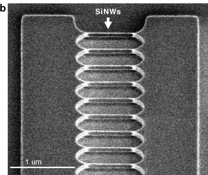 Si NANOWIRE GATE-ALL-AROUND CMOS INVERTER Si NANOWIRE CMOS (a) SEM image of the top-down fabricated GAA Si NW inverter showing (1x2) channel N-MOS and (3x2)