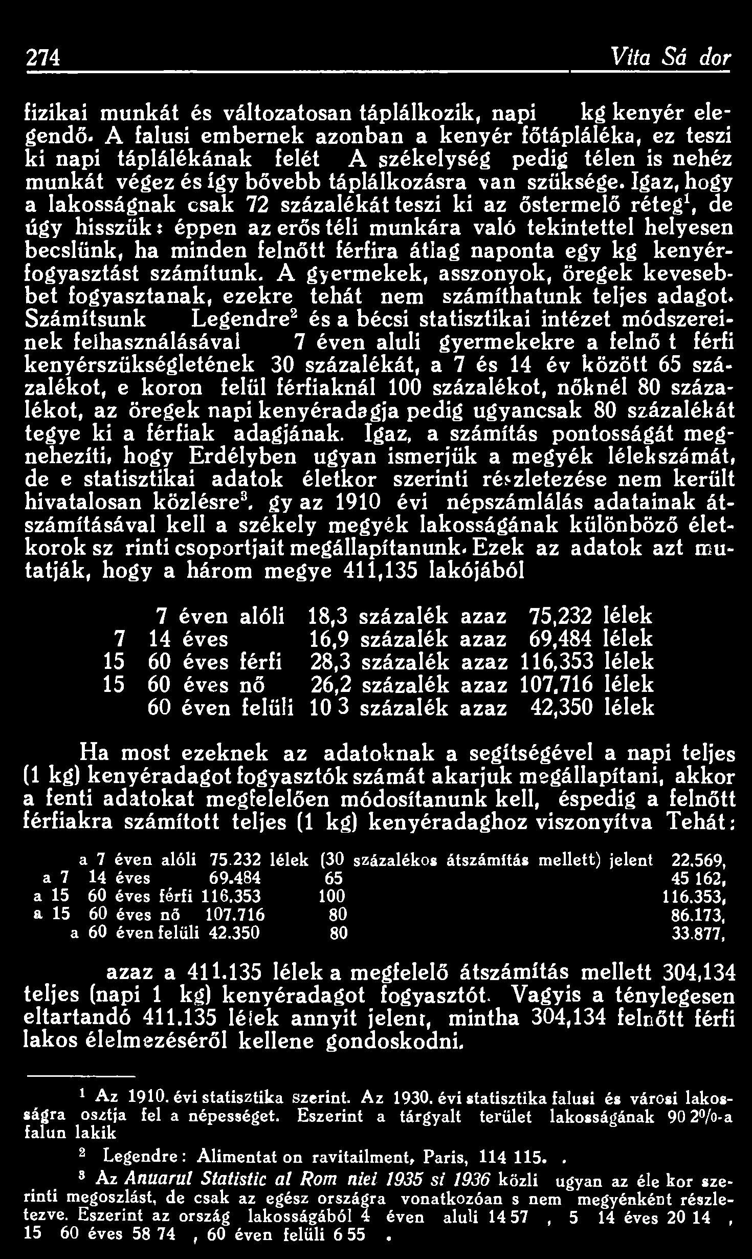 274 Vita Sándor fizikai munkát és változatosan táplálkozik, napi 1/2 kg kenyér elegendő. A falusi embernek azonban a kenyér főtápláléka, ez teszi ki napi táplálékának felét.