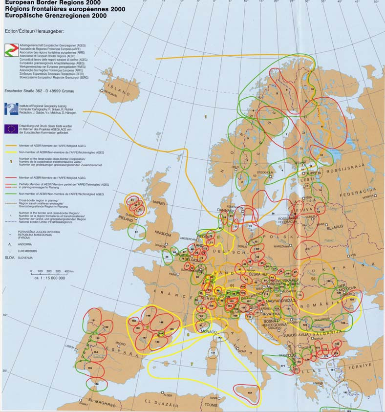 Forrás: AEBR, 2002 Jelmagyarázat: narancssárga = AEBR tag nagyméret határon átnyúló együttm ködések, citromsárga = nem AEBR tag nagyméret határon átnyúló együttm ködések, piros = AEBR tag határmenti