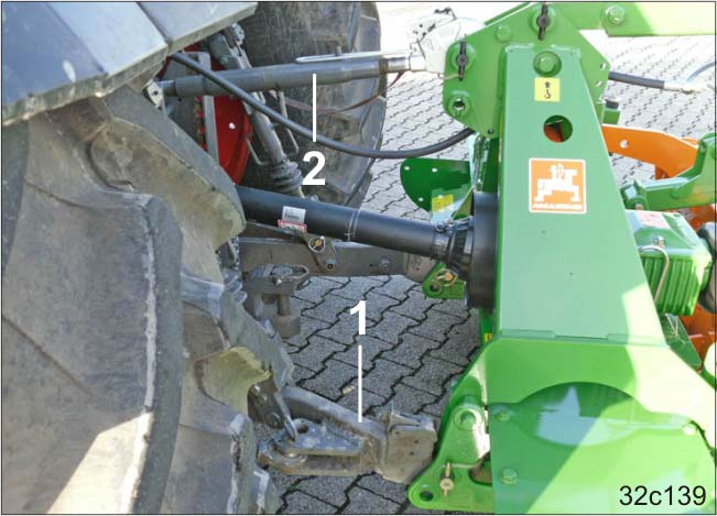 A gép fel- és lekapcsolása 11. A kardántengely-védelmet a traktoron és a gépen tartóláncokkal (98. ábra/1) elforgás ellen biztosítani.