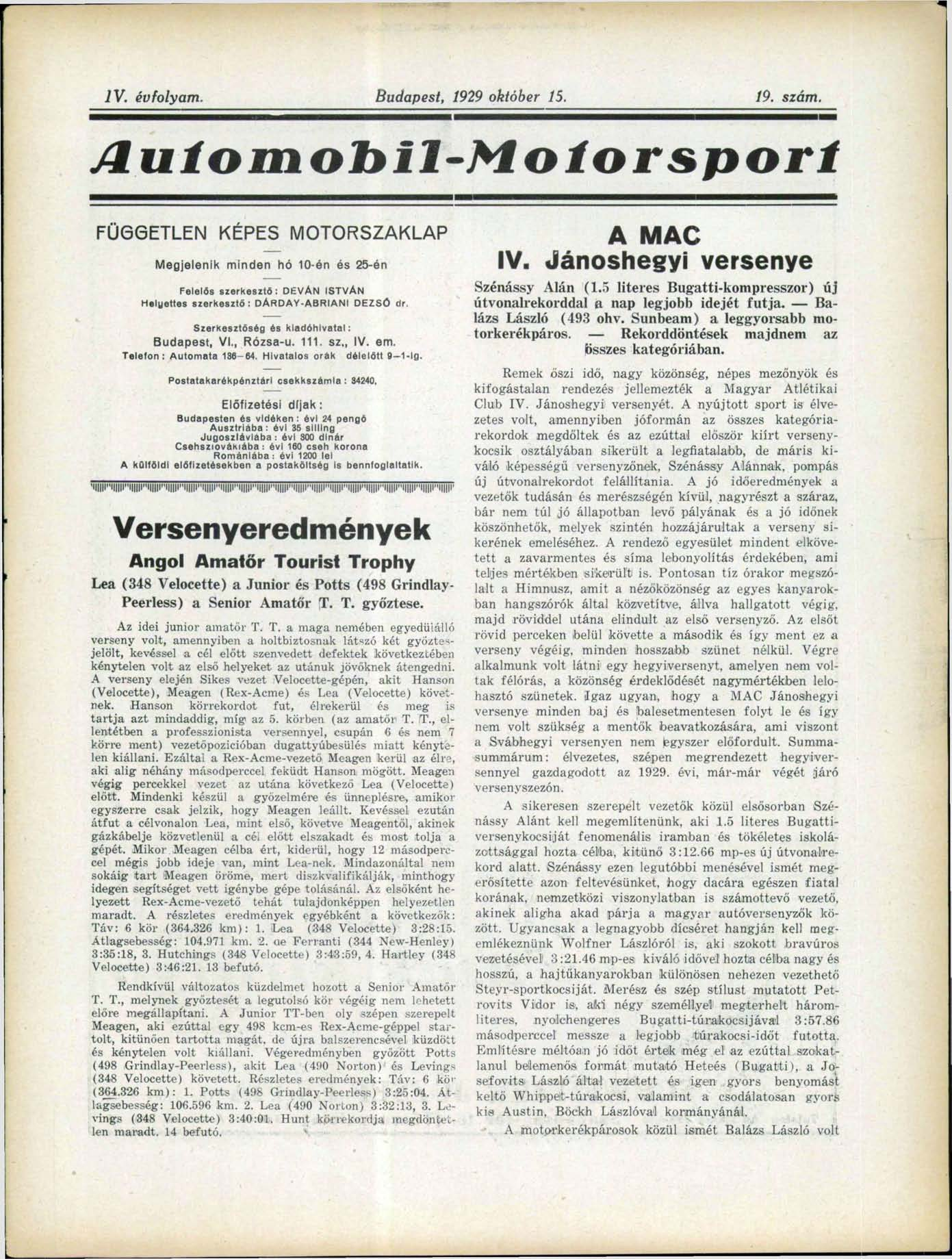 IV. évfolyam. Budapest, 1929 október 15. 19. szám.