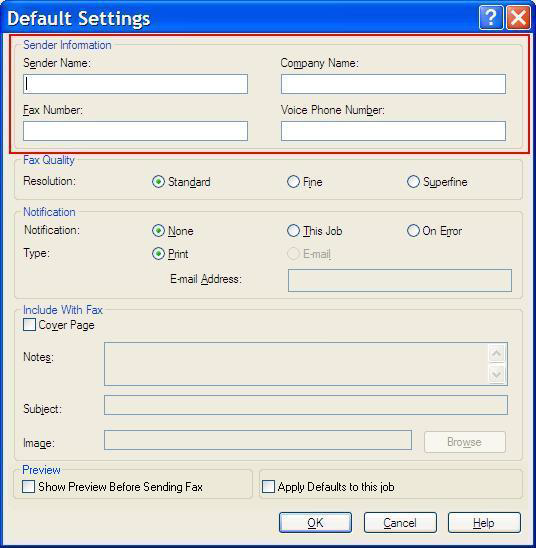 2. A Default Settings (Alapbeállítások) párbeszédpanelen lévő Sender Information (Küldő adatai) területen töltse ki az alapértelmezett Sender Name (Küldő neve), Company Name (Cégnév), Fax Number