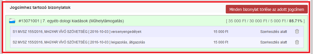 Kiválasztás követően betölti az adatokat, melyek közül a következőket kell mégváltoztatni: - esemény/feladat/tevékenység leírásában leigazolást kiválasztani - támogatás