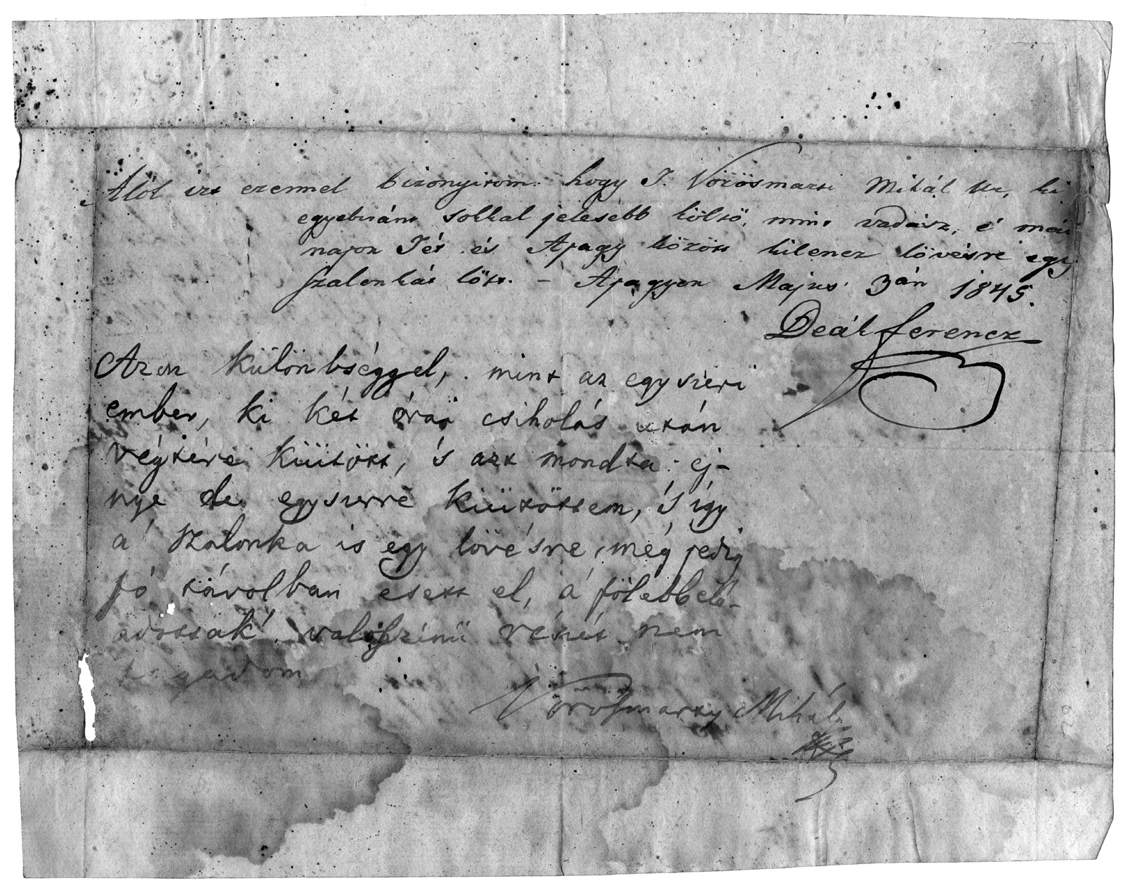 A VÖRÖSMARTY-GYŰJTEMÉNY K 2/100. DEÁK FERENC tréfáshangú bizonyítványa Vörösmarty Mihály szalonkavadászatáról. 1845. Autográf, 1 f.