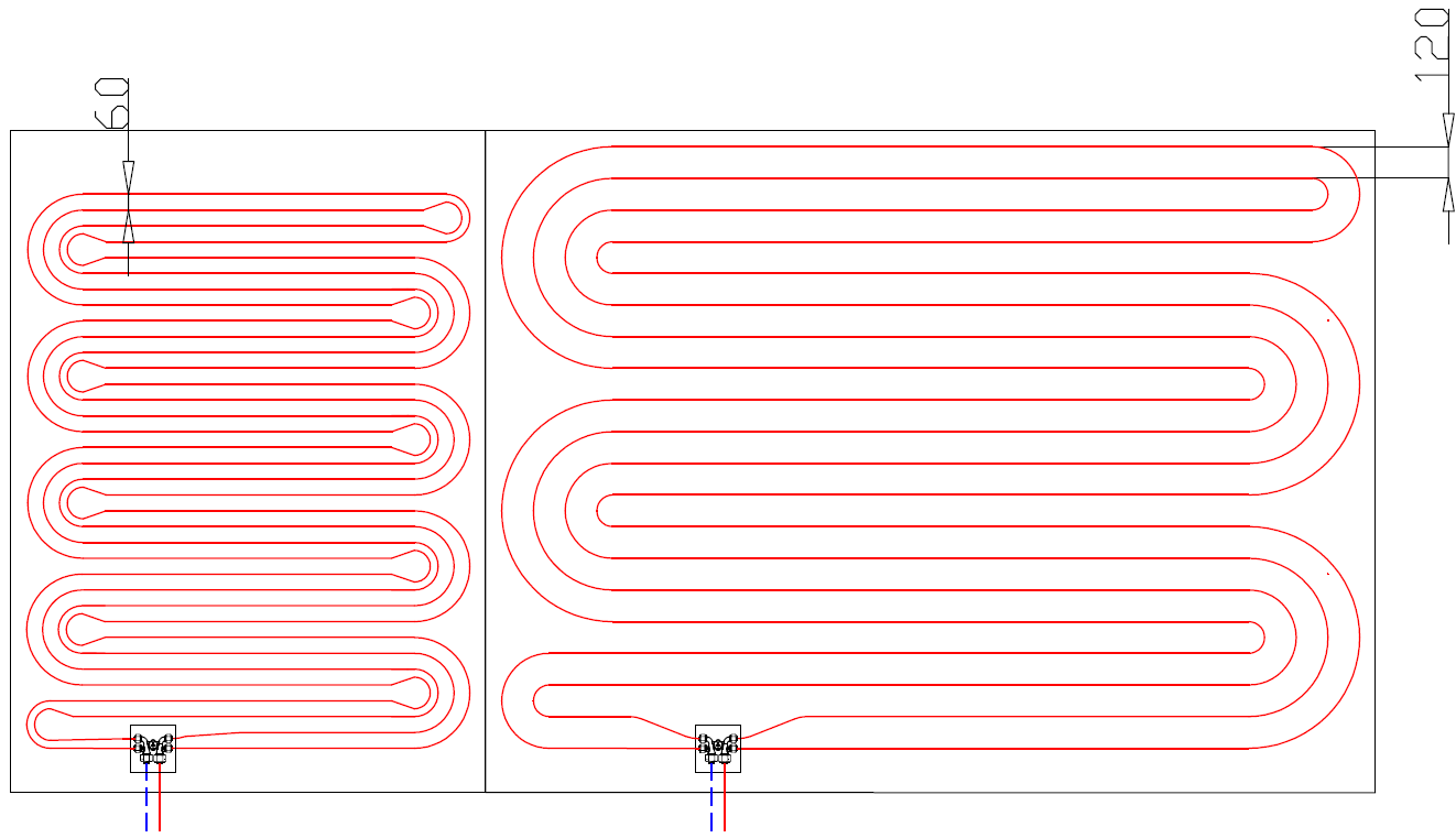 14.ábra: 2-es regiszter osztó-győjtık, 120mm-es és 60mm-es osztástávolsággal. 15.