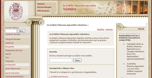 TMT 60. évf. 2013. 5. sz. 1. ábra A DSpace szoftvert használó intézmények földrajzi eloszlása a világon (2011. június) 2. ábra Az Erdélyi Múzeum-Egyesület adattárának arculata (2009. szeptember 9.