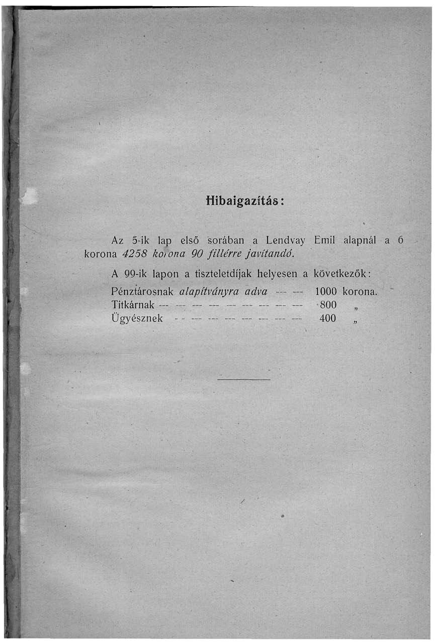 Hibaigazítás: Az 5-ik lap első sorában a Lendvay Emil alapnál a korona 4258 kotona 90 fillérre javítandó.