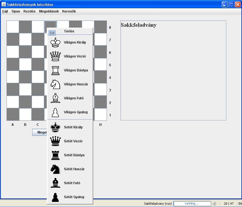 6.2 Grafikus megjelenítés A program képernyıje egy ChessBoard nevő osztály, amely a JFrame osztályból van származtatva: public class ChessBoard extends JFrame{ } A képernyın található komponensek egy