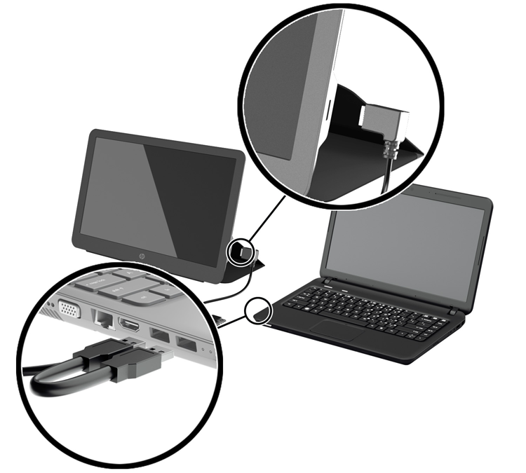 2. Csatlakoztassa a kapott Y alakú USB-kábel egyik végét a monitor USB-portjába, a kábel másik végét pedig a számítógéphez az alábbi konfigurációk egyike szerint: Az elsődleges USB-csatlakozót a