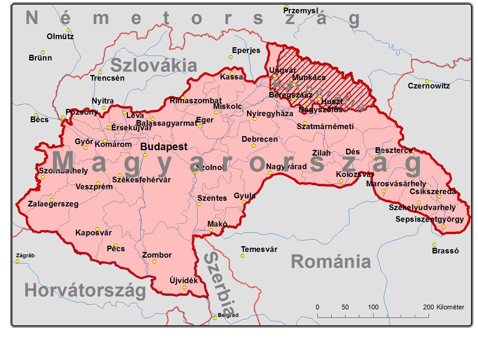 27. ábra. Kárpátalja mai területe Magyarország részeként 1941-ben (Forrás: Saját szerkesztés Vehes et all., 2011 alapján) 1939. június 22-től A terület hivatalos megnevezése Kárpátaljai Kormányzóság.