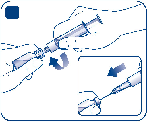 C D Fordítsa meg a fecskendőt az oldószert tartalmazó injekciós üveggel együtt. Amennyiben transzfer-tűt használ, bizonyosodjon meg arról, hogy a tű hegye beleér az oldószerbe.