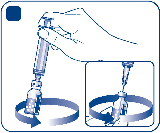 G Óvatos csuklómozdulatokkal mozgassa körbe-körbe az injekciós üveget, amíg az összes por fel nem oldódik. Ne rázza az injekciós üveget, mert az habzást okoz.